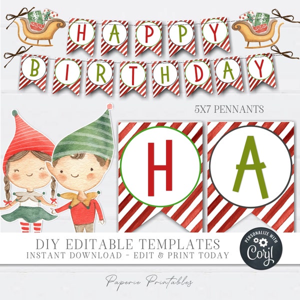 EDITABLE Christmas Birthday Decorations,  Happy Birthday Banner, Christmas Pennant Banner, Size 5"x7", Edit w/Corjl - #BP108 #BP110 #BP109