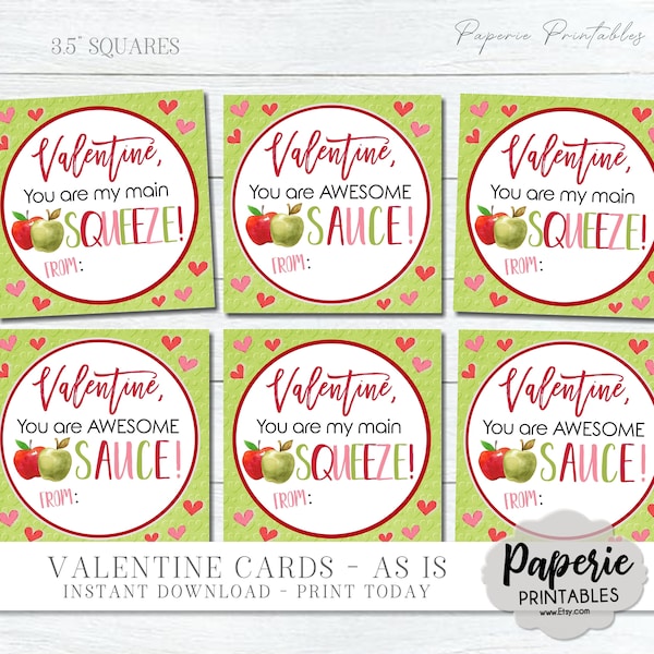 Awesome Sauce Valentine Tags, Main Squeeze Valentine Tags, Kids Valentine Tags, Apple Sauce Pouch Tags- As-Is Tag - Instant Download - #VT27