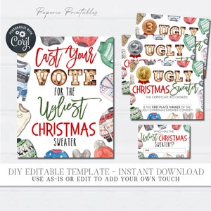 EDITABLE Ugly Christmas Sweater Voting Sign and Ballots, Ugly Sweater Party Decoration, Vote for the Ugliest Sweater, DIY Corjl, #CP81 #CG27