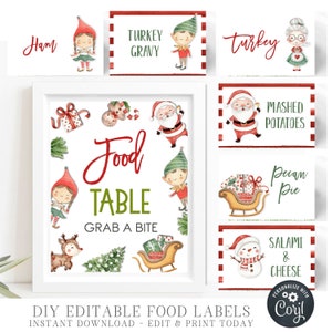 May include: Printable Christmas food labels featuring illustrations of elves, Santa Claus, and a snowman. The labels include text such as "Ham", "Turkey Gravy", "Mashed Potatoes", "Pecan Pie", and "Salami & Cheese".