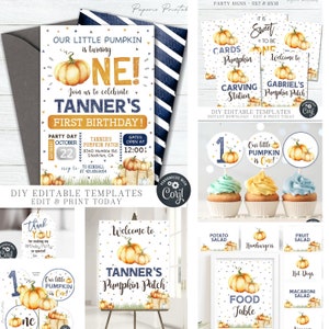 EDITABLE Boy Little Pumpkin Birthday Bundle - Pumpkin First Birthday Party Printables - Invitation - Thank You Card - DIY with Corjl - #BP72