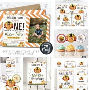 EDITABLE Little Turkey Birthday Bundle, Little Turkey Birthday Decorations, Little Turkey Birthday Party Invitation, - DIY with Corjl #BP104