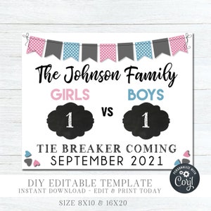 EDITABLE Tie Breaker Pregnancy Announcement Poster – 3rd Pregnancy Reveal - Tie Breaker Pregnancy, Photo Prop - Edit with Corjl - #G137