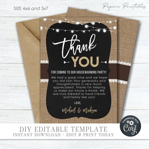 EDITABLE Housewarming Thank You Card, Burlap Housewarming Party Thank You, Country Housewarming Thank You Card - DIY with Corjl - #HW04