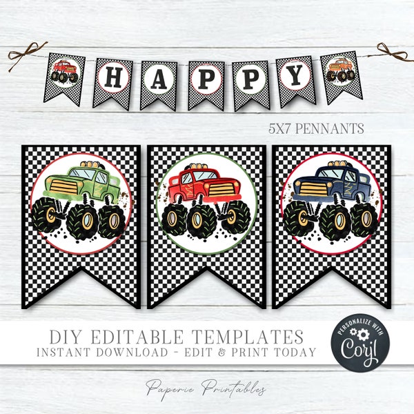 EDITABLE Monster Truck Happy Birthday Banner - Monster Truck Pennant Banner - Size 5"x7" - DIY Pennant Banner - Edit with Corjl - #BP10