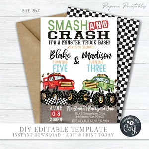Editable Monster Truck Birthday Invitation: Siblings Smash & Crash (DIY Corjl) #BP10