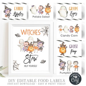 May include: Printable Halloween food labels featuring cute cartoon characters like a ghost, mummy, vampire, and witch. The labels say "Candy Apples", "Potato Salad", "Witches Stew", "Grape Eyes", "Candy Corn", "Ghost Poop", and "Pumpkin Seeds".
