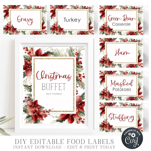 EDITABLE Christmas Party Food Labels, Christmas Food Table Sign, Christmas Party Label, Christmas Party Printable, DIY with Corjl - #CP89