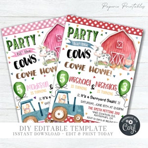 EDITABLE Siblings Party til the Cows Come Home Farm Birthday Invitation - Barnyard Birthday Party Template - DIY Edit with Corjl - #BP05