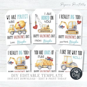 EDITABLE Kids Valentine Cards, Construction Valentine Cards, Construction Valentine Tags, DIY Editable Valentine Cards - Edit Corjl - #VT04
