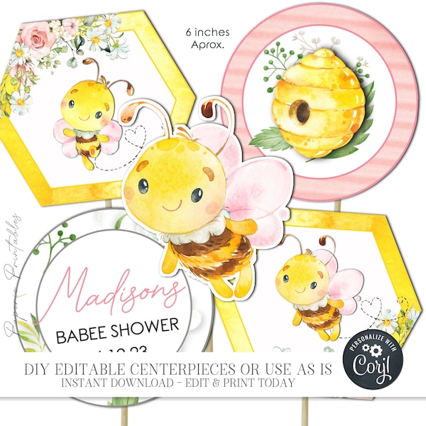 EDITABLE Babee Shower Decorations, Bee Baby Shower Centerpieces or Photo Props, Bee Party Decorations, Babee Printables - DIY Corjl - #BS76