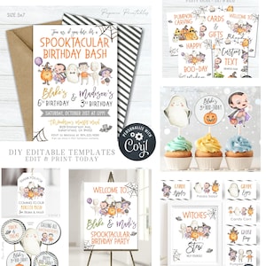 EDITABLE Siblings Halloween Birthday Party Bundle, Halloween Party Decorations, Twins Halloween Invitation, Halloween Party, DIY Corjl #BP97