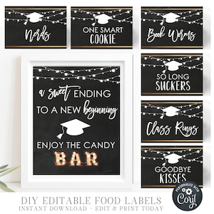 EDITABLE Graduation Candy Bar Labels, A Sweet Ending to a New Beginning, Graduation Candy Bar Signs, Graduation Food Tent, DiY w/CORJL #GP14