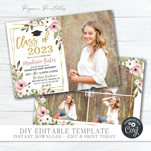 Floral Graduation Invitation: Class of 20XX, Gold Foil (DIY Editable Template) #GP21
