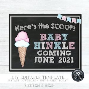EDITABLE Here&#39;s the SCOOP? Pregnancy Announcement Chalkboard – Pregnancy Reveal-Pregnancy Sign Printable, Photo Prop-Edit with Corjl - #G133