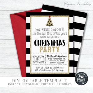 EDITABLE Christmas Party Invitation Template - Good Friends, Good Cheers - Gold Glitter Christmas Party Invite - DIY Edit with Corjl- #CP09