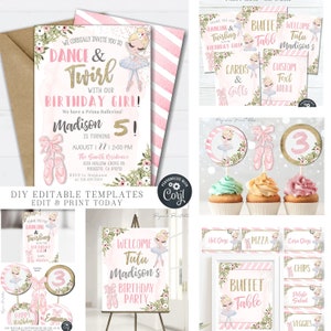 EDITABLE Ballerina Birthday Bundle, Ballerina Party Decoration Printables, Ballerina Invitation, Thank You Card - DIY Edit with Corjl #BP30