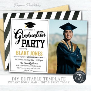 EDITABLE Photo Graduation Party Invitation, Gold Foil Graduation Party Template, Class of 2023 Graduation Invitation - DIY Corjl - #GP08