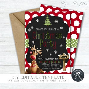 EDITABLE Christmas Party Invitation Template, Reindeer Holiday Party Invitation, Christmas Holly Party Invite  - DIY Edit with Corjl - #CP04