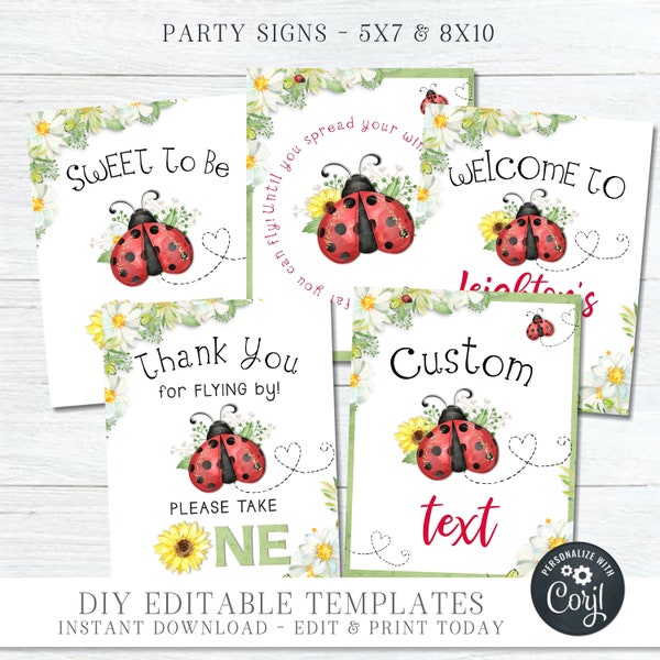 EDITABLE Ladybug Party Decorations, Ladybug Party Signs, Ladybug Birthday Decorations, Ladybug Decorations - DIY Edit with Corjl - #BP118