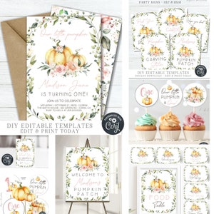 EDITABLE Girl Little Pumpkin Birthday Bundle - Pumpkin First Birthday Party Decorations-Invitation - Thank You Card - DIY with Corjl - #BP73