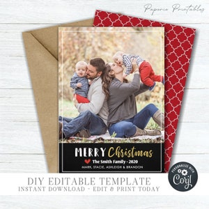EDITABLE Modern Christmas Photo Card - 1 Photo Layout - Merry Christmas Photo Card - Gold Foil Christmas Template - DIY Edit Corjl - #CC28