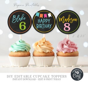 Editable Siblings Birthday Party Cupcake Toppers, Cupcake Topper Primary Colors, Boy and Girl Cupcake Toppers, Siblings Birthday - #BP101