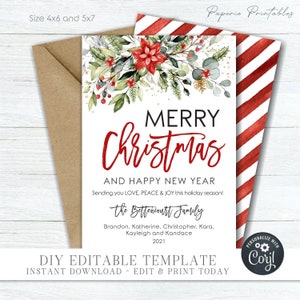 EDITABLE Merry Christmas & Happy New Year - No Photo Christmas Card - Floral Christmas Card - Business Christmas Card -DIY Edit Corjl-#CC103