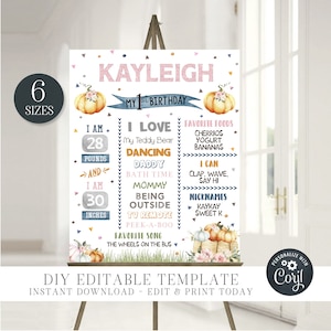 EDITABLE Pumpkin Birthday Stats Poster - Pumpkin Milestone Sign - Fall Stats Board - Pumpkin Birthday Board - DIY with Corjl - #BP72