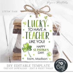 Editable St. Patrick's Day Teacher Gift Tag, Happy St. Patrick's Day Gift Tag, Lucky to have a TEACHER Tag, DIY Edit with Corjl - #SPT04