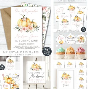 EDITABLE Girl Little Pumpkin Birthday Bundle - Pumpkin First Birthday Party Decorations-Invitation - Thank You Card - DIY with Corjl - #BP73