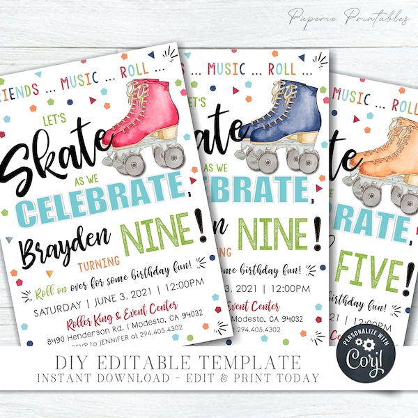 EDITABLE Skating Birthday Invitation - Boy Roller Skating Birthday Party Invitation - Let's Skate Birthday Invitation - DIY Corjl - #BP79