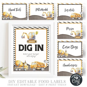 May include: Printable food labels for a construction themed party. The labels feature yellow construction vehicles with black stripes and a black and white striped background. The labels include: Hand Tools, Pitt Mudd, Lug Nuts, Pizza, Corn Dogs, Hamburgers, and a sign that says "DIG IN, BUILD your Burger and enjoy!"