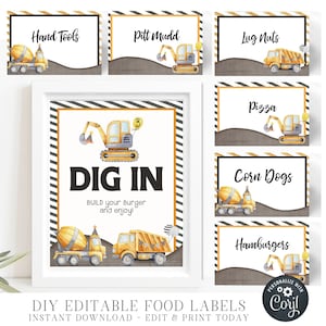 EDITABLE Construction Birthday Party Food Tent Labels, DIY Food Labels, Construction Party Food Labels - DIY Edit with Corjl - #BP47 #BP48