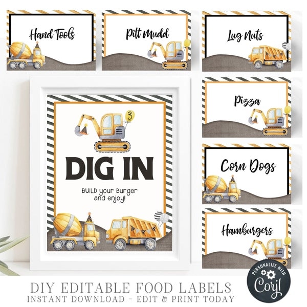 EDITABLE Construction Birthday Party Food Tent Labels, DIY Food Labels, Construction Party Food Labels - DIY Edit with Corjl - #BP47 #BP48