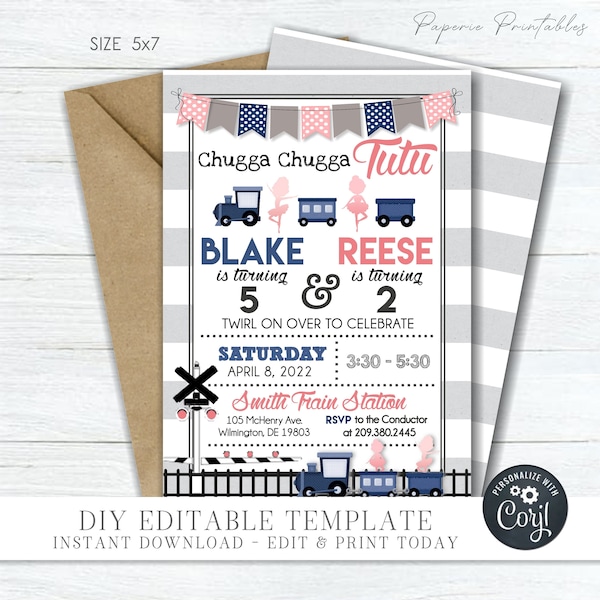 EDITABLE Choo Choo and Tutu Birthday Invitation, Choo Choo and Tutu Birthday Party, Siblings Birthday Invitation - DIY with Corjl - #BP116