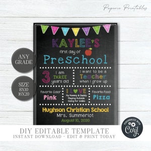 Editable First Day of School Sign: Photo Prop, Any Grade (Digital Download)
