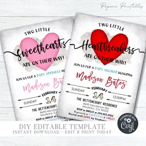 EDITABLE Twins Baby Shower Invitation - Heartbreakers Baby Shower Invitation - Valentine&#39;s Day Baby Shower - Edit with Corjl - #BS66