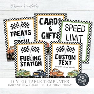 EDITABLE Monster Truck Party Signs - DIY Monster Truck Party Signs - Fueling Station Template - Treats for Crew - DIY Edit with Corjl- #BP10