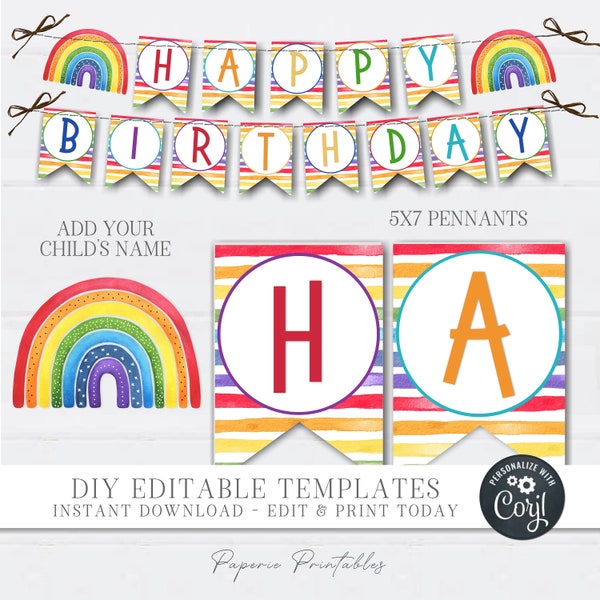 EDITABLE Rainbow Birthday Decorations,  Happy Birthday Banner, Rainbow Pennant Banner, Size 5"x7" - DIY Banner - Edit with Corjl - #BP161