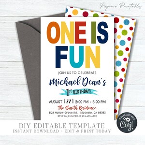 EDITABLE Twins First Birthday Invitation - One is Fun Birthday Invitation - Primary Colors Twins First Birthday Invite - DIY Template- #BP78