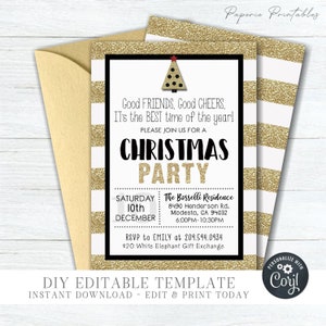 EDITABLE Christmas Party Invitation Template - Good Friends, Good Cheers - Gold Glitter Christmas Party Invite - DIY Edit with Corjl- #CP12