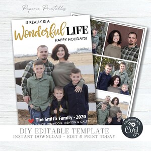 EDITABLE Christmas Photo Card - 1, 5, 6 or 7 Photo Layout - Modern Wonderful Life Christmas Photo Card - Gold Foil - DIY Edit Corjl - #CC04