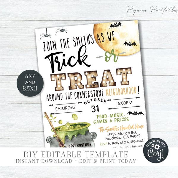 EDITABLE Halloween Trick or Treat Flyer - Trick or Treat Template - Halloween Invitation Printable - Halloween Printable - DIY Corjl - #HP16