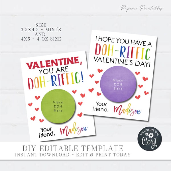 Editable Kids Valentine Cards: Doh-Riffic Design (DIY Corjl Template)