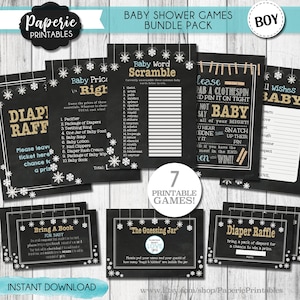 Puede incluir: Un conjunto de siete juegos de baby shower imprimibles con temática invernal. Los juegos incluyen "Rifa de pañales", "El precio del bebé es correcto", "Desordenar palabras para bebés", "Por favor, deje su boleto aquí", "Traiga un libro para el bebé", "El frasco de adivinanzas" y "11 deseos para el bebé".