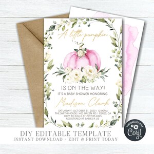 EDITABLE Girl Pumpkin Baby Shower Invitation - A Little Pumpkin Baby Shower Invitation - Boho Pumpkin Baby Shower - Edit with Corjl - #BS73