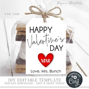 Editable Happy Valentine's Day Tag, Valentine's Day Gift Tag, Valentine Gift Tag, Printable Valentine Tag, DIY Edit with Corjl - #VT46