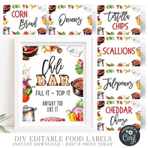 Op de afbeelding: Printbare chilibar-voedseletiketten met een aquarelontwerp met chilipepers, uien en andere chilibar-topping. De etiketten zeggen "Maisbrood", "Uien", "Tortillachips", "Sjalotten", "Jalapenos" en "Cheddarkaas".