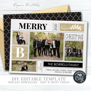 EDITABLE Christmas Photo Card -  4 Photo Layout - Merry Christmas Photo Card - Gold Glitter Christmas Template - DIY Edit with Corjl - #CC19